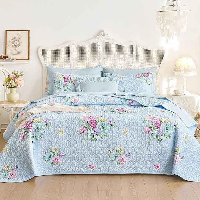 High-Quality Wake In Cloud – Shabby Chic Quilt Set Floral Coquette Cottagecore Farmhouse Vintage Flowers for Women Teen Girls Reversible Lightweight Bedspread Coverlet 3 Pieces Blue Queen Full Size Organic