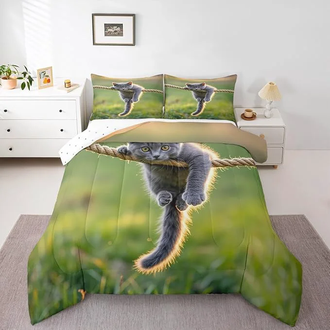 Superior Erosebridal Kawaii Kitten Comforter Set Queen Size Hemp Rope Bedding Set for Kids Girls Boys Grass Natural Sunshine Yellow Green Comforter Warm Soft Quilt Insert Convenient