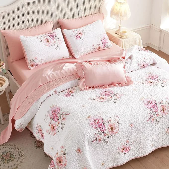 Green Wake In Cloud – Shabby Chic Quilt Set Floral Coquette Cottagecore Farmhouse Vintage Flowers for Women Teen Girls Reversible Lightweight Bedspread Coverlet 3 Pieces White Pink King Size Elegant