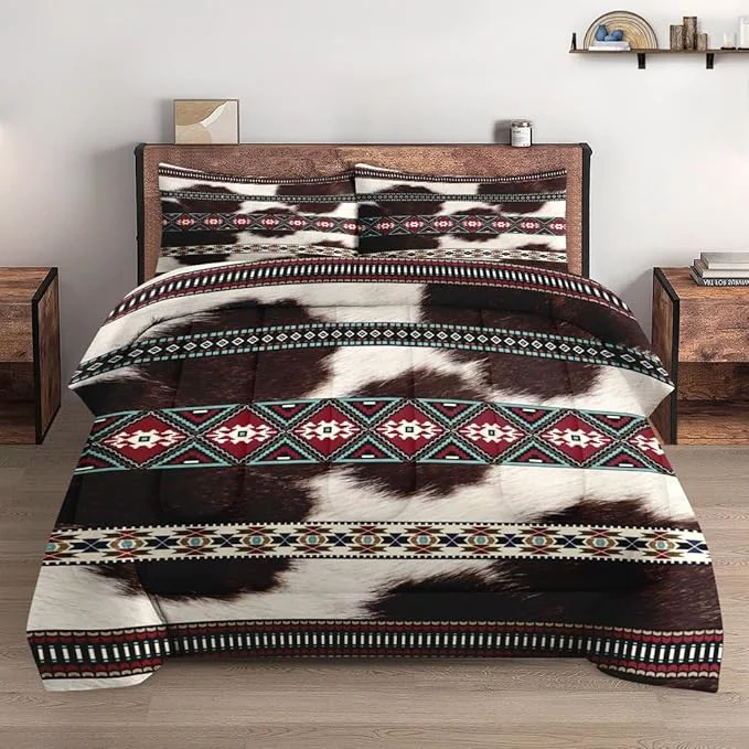 King Size Comforter Set with 2 Pillowcases Cowhide Cow Print 3 Pcs Bedding for Kids and Adults Vintage Animal Fur Soft Comforter Set for Bedroom Bed Decor Recyclable