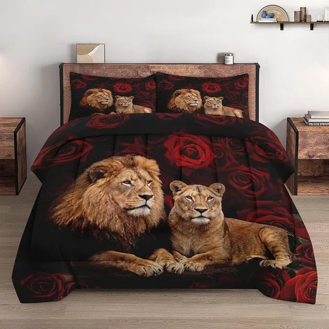 Innovative Twin Size Comforter Set with Pillowcase Lion Family Soft 2 Pcs Bedding for Kids and Adults Bedroom Bed Decor Responsible