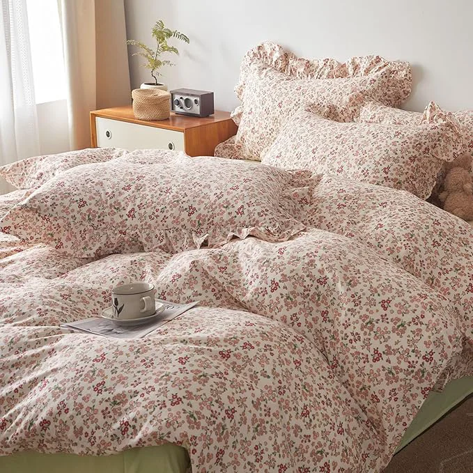 Stylish HighBuy Ruffle Comforter Set Full Size Pink Floral Printed Bedding Comforter Set Full Girl Flowers Bohemian Bedding Sets for All Season Comfy Soft Full Bed Comforter with 2 Pillowcases Environmentally Friendly