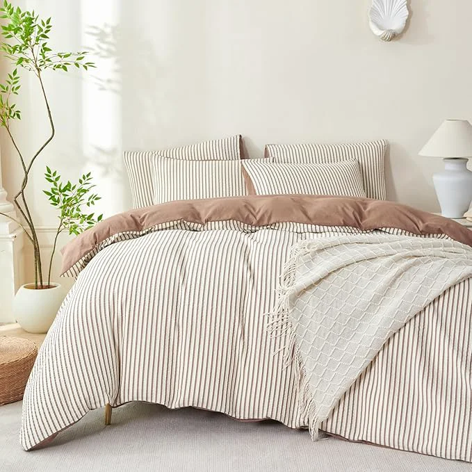 Outstanding Comforter Set King Dark Brown Striped Soft Luxury Washed Microfiber Jacquard 3 Pieces Bedding White Dark Brown Vertical Ticking Stripes Comforter with 2 Pillowcases Breathable Durable Comfy High-Grade