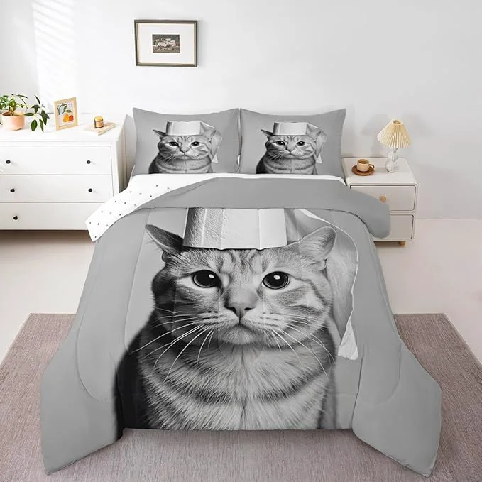 Next-Generation Erosebridal Kitten Bedding Set Queen Size Cat Comforter Set for Kids Boys Girls 3D Kawaii Cute Hat Bowl Black Grey Comforter Warm Soft Quilt Insert Detailed