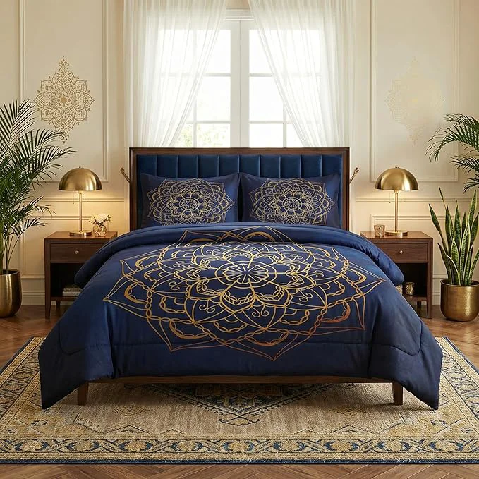 High-End Queen Size Comforter Set with 2 Pillowcases Navy Blue Boho Gold Mandala Soft 3 Pcs Bedding for Kids and Adults Bedroom Bed Decor World-Class