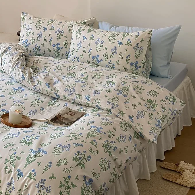Trendy HighBuy Full Comforter Set Blue Floral Bedding Comforter Set Full White for Girl Green Botanical Coquette Bedding Set Bed Comforter with 2 Pillowcases Boho Comforter Sets Garden Bedding Sets Authentic