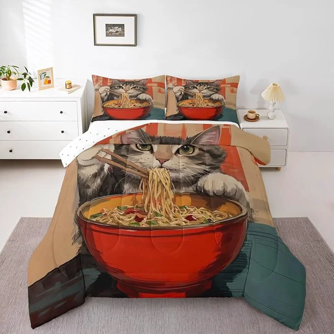Relaxed Erosebridal Cat Quilt Insert King Size Noodles Bedding Set for Kids Boys Girls Bowl Food Kawaii Cute Kitten Red Grey Comforter Warm Soft Comforter Set Organic