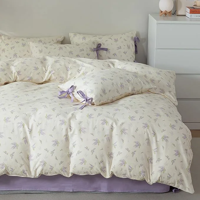 Elite HighBuy Lilac Garden Floral Comforter Set Twin XL with 2 Bow Tie Pillowcases Soft Comfy Purple Floral Botanical Boho Comforter Set Coquette Bedding Set Bed Set Twin XL Consistent
