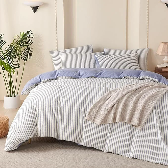 Enhanced Comforter Set King Size Blue Striped Soft Luxury Washed Microfiber Jacquard 3 Pieces Bedding White Blue Vertical Ticking Stripes Pattern Comforter with 2 Pillowcases Breathable Durable Comfy Stylish