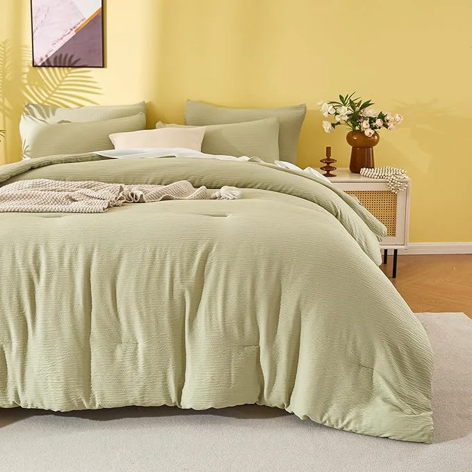 Refined Queen Size Comforter Set Desert Sage 3 Pieces Double-Layer Crinkle Yarn Bedding All-Season Lightweight Warmth with 2 Pillowcases Unique