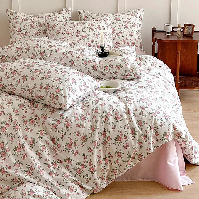 Premium Material HighBuy Full Size Comforter Set Girl Pink Floral Printed Bedding Comforter Set Bed Cooling Bedding Comforter Sets Cute Floral Comfy Comforter with 2 Pillowcases Full Size Skin Friendly Responsible