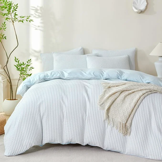 Exclusive Comforter Queen Set Light Blue Striped Soft Luxury Washed Microfiber Jacquard 3 Pieces Bedding White Light Blue Vertical Ticking Stripes Comforter with 2 Pillowcases Breathable Durable Comfy Optimized