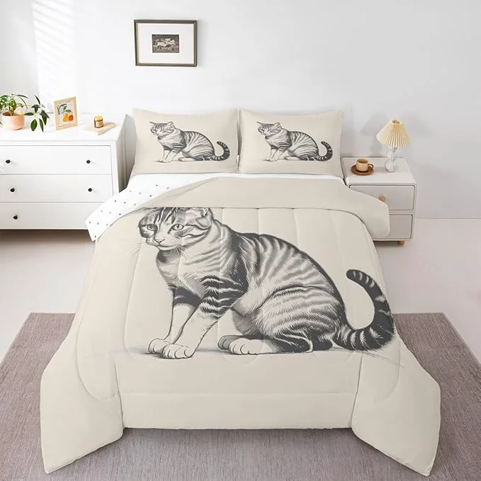 Enhanced Erosebridal Kawaii Kitten Quilt Insert Twin Size 3D Cute Bedding Set for Kids Boys Girls Sketch Animal Beige Cat Comforter Warm Soft Comforter Set Healthy