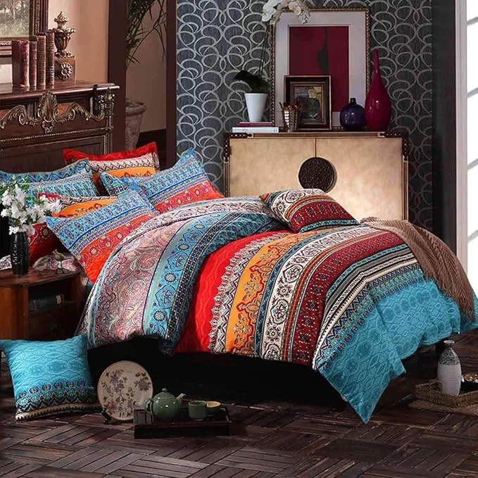 Safe Bohemian Twin Comforter Set Soft Chic 3 Pieces Bedding Comforter Set Lightweight Exotic Red Teal Boho Mandala Colorful Vintage Comforter Bed Set for All Seasons High-Grade