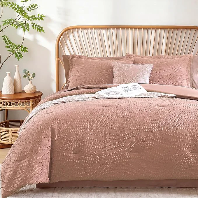 Convenient Geniospin King Size Comforter Set – 7 Pieces Dusty Pink Bedding Set Botanical Textured Comforter Bed Set All Season Lightweight Bed in a Bag with Comforter Sheets Pillowcases amp Shams High-Quality