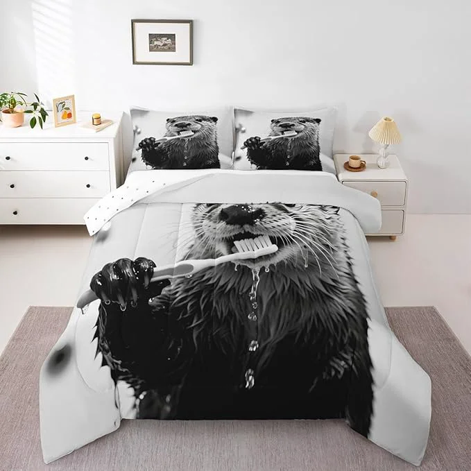 Verified Erosebridal Sea Otter Bedding Set Toddler Size Cute Animal Comforter Set for Kids Boys Girls Kawaii Marine Brush Teeth White Beige Grey Comforter Warm Soft Quilt Insert Organic
