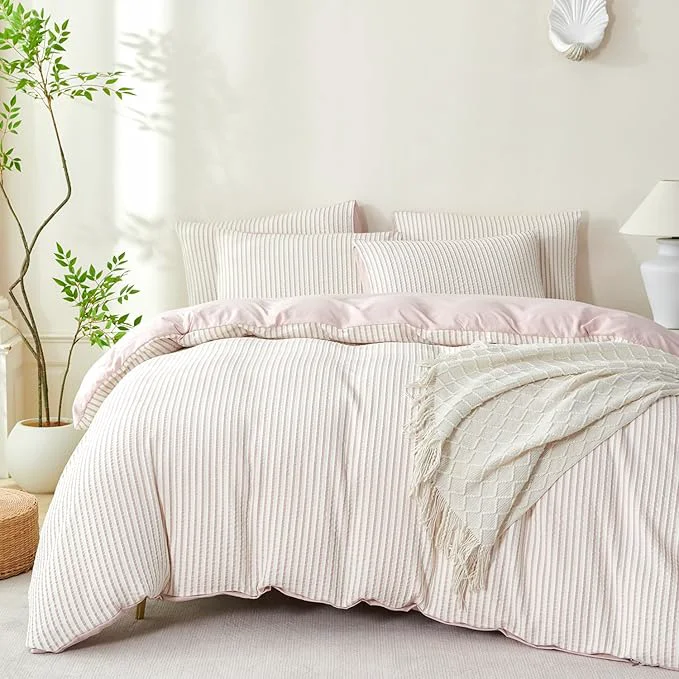 World-Class Comforter Set King Size Dusty Pink Soft Luxury Washed Microfiber Jacquard 3 Pieces Bedding Set White Dusty Pink Vertical Ticking Stripes Comforter with 2 Pillowcases Breathable Durable Comfy Relaxed