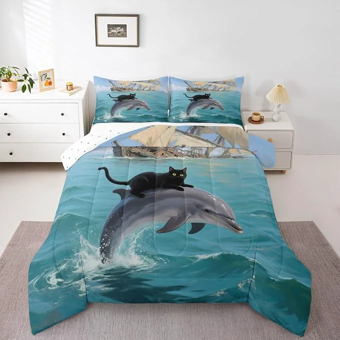 Long-Lasting Erosebridal Black Kitten Bedding Set King Size Dolphin Comforter Set for Kids Girls Boys Marine Waves Kawaii Cat Sea Ship Blue White Comforter Warm Soft Quilt Insert Premium Material