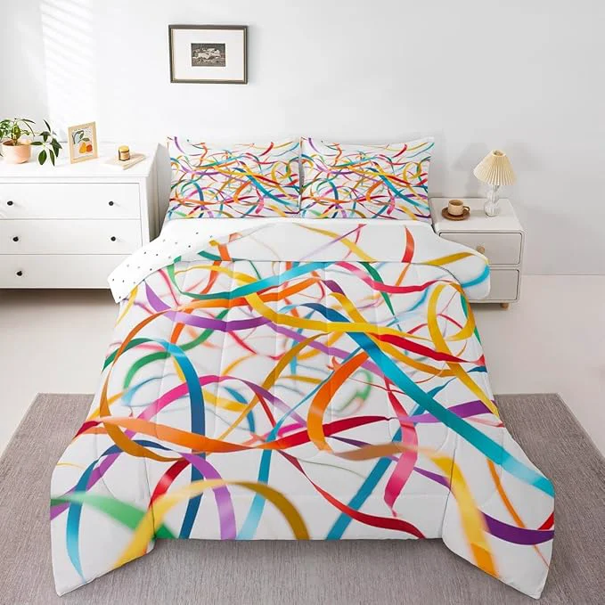 Luxury Erosebridal Bedding Set Toddler Size Rainbow Stripe Comforter Set for Kids Girls Boys Aesthetic White Teal Blue Comforter Warm Soft Quilt Insert Excellent