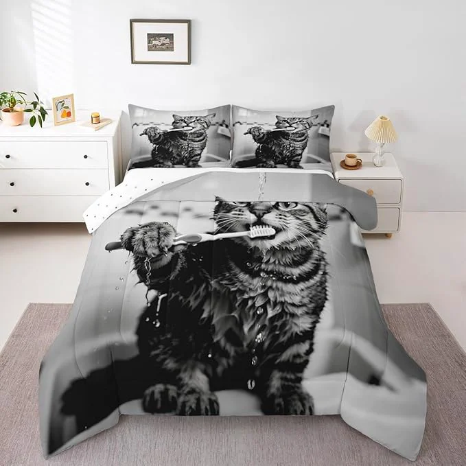 Professional Erosebridal Kitten Bedding Set Queen Size Cute 3D Comforter Set for Kids Boys Girls Toothbrush Kawaii Animal White Black Comforter Warm Soft Quilt Insert Recyclable