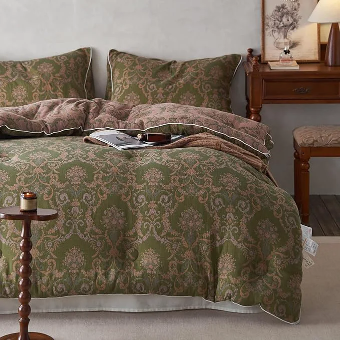 Prestigious HighBuy Muslin Cotton Comforter Set King Size Paisley Floral Print Hotel Luxury Breathable Bedding Comforter All Season Olive Green Boho Bedding Set with 1 Floral Comforter 2 Pillowcases Reliable