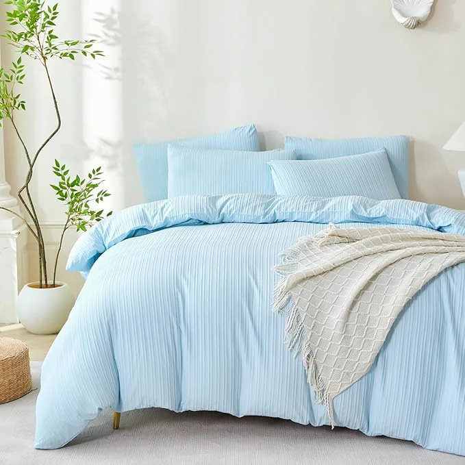 Verified Light Blue Striped Comforter Set Queen Soft Luxury Washed Microfiber Jacquard 3 Pieces Bedding Blue Vertical Ticking Stripes Comforter with 2 Pillowcases Breathable Durable Comfy Clean