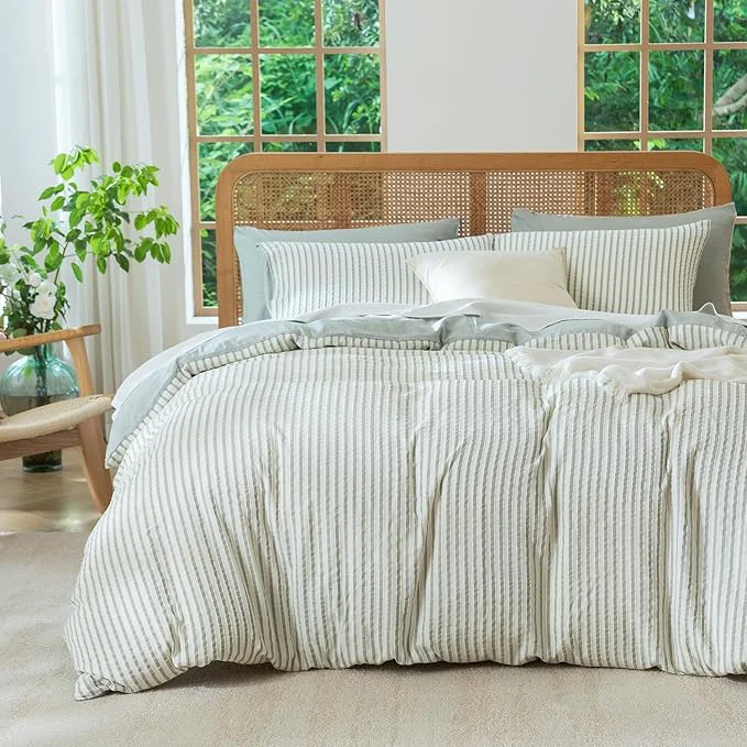 King Size Comforter Set Striped Soft Luxury Washed Microfiber Jacquard 3 Pieces Bedding Grayish Green Vertical Ticking Stripes Pattern Comforter with 2 Pillowcases Breathable Durable Comfy Practical