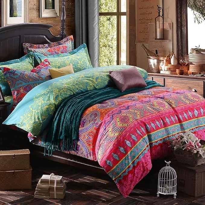 Comfortable Boho King Size Comforter Set Soft Chic 3 Pieces Bedding Queen Comforter Set Lightweight Exotic Red Teal Bohemian Mandala Colorful Vintage Comforter Bed Set for All Seasons King Boho Consistent