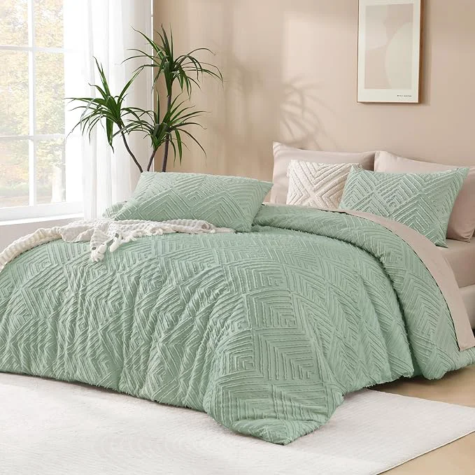Prestigious Andency Comforter Oversized King Size Set 120 quot x98 quot 3 Pieces Sage Green Soft Boho Bedding Set amp Collections All Season Farmhouse Tufted Fluffy Bed Set 1 Comforter 2 Pillowcases Selected