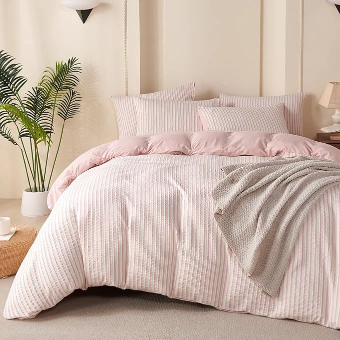 Traditional Striped Comforter Set Queen Pink Soft Luxury Washed Microfiber Jacquard 3 Pieces Bedding Set White Pink Vertical Ticking Stripes Pattern Comforter with 2 Pillowcases Breathable Durable Comfy