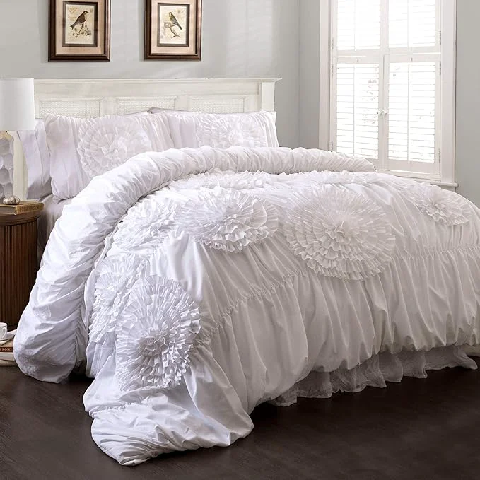 Contemporary Lush Décor Serena 3 Piece Ruched Flower Comforter Set – White – Full Queen Practical