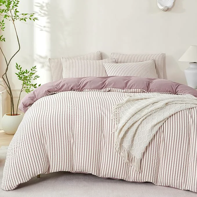 Modern Comforter Set King Purple Soft Luxury Washed Microfiber Jacquard 3 Pieces Bedding White Grayish Purple Vertical Ticking Stripes Pattern Comforter with 2 Pillowcases Breathable Durable Comfy Easy-to-Use