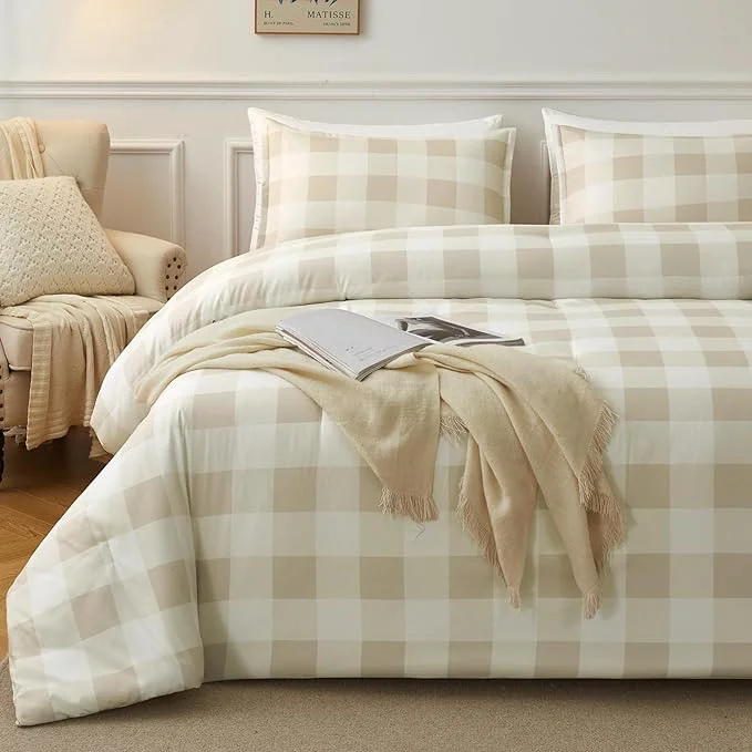 Versatile Andency Beige Grid Comforter Set Full Size 79×90 Inch 3 Pieces 1 Grid Comforter and 2 Pillowcases Summer Lightweight Microfiber Down Beige Comforter Classic