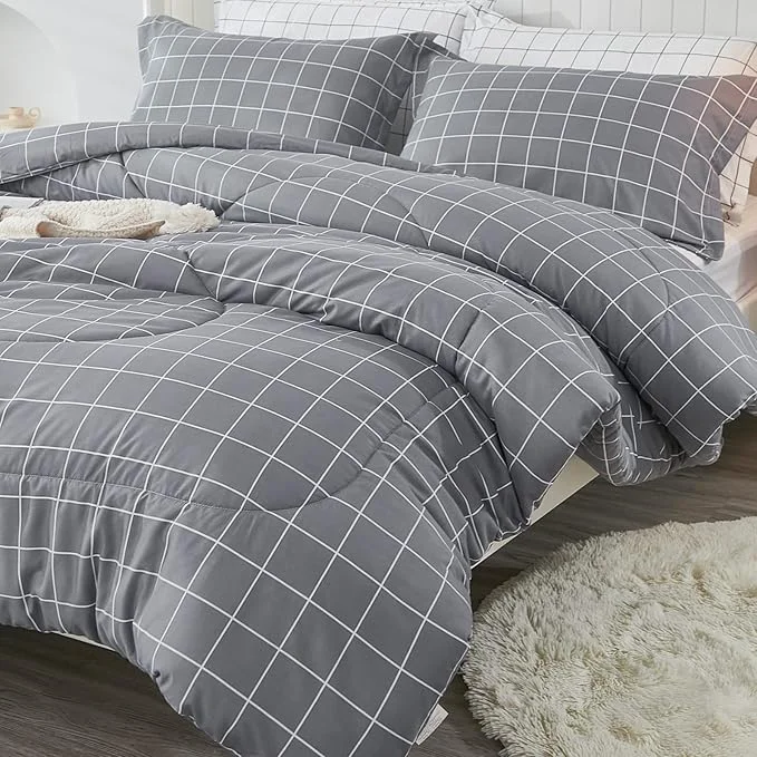 Superior Andency Grey Grid Comforter Set Full Size 79×90 inch 3 Pieces 1 Grey Comforter and 2 Pillowcases Summer Lightweight Microfiber Down Bedding Comforter Sets with White Lines Elegant