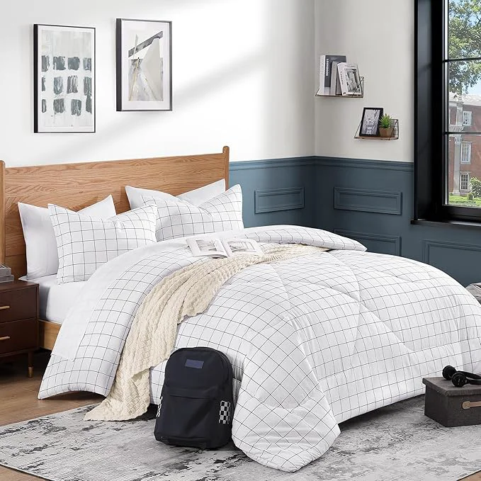 Secure Andency White Grid Comforter Set King Size 104×90 Inch 3 Pieces 1 Grid Comforter and 2 Pillowcases Summer Lightweight Microfiber Down White Comforter with Black Lines Classic