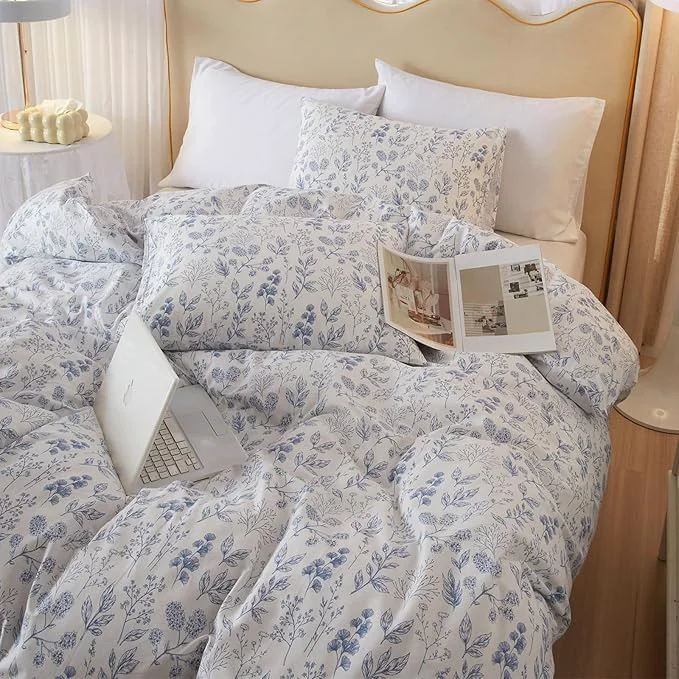Refined HighBuy Blue Floral Comforter Set Queen White Coquette Bedding Comforter Sets Queen Boho 3 Piece for Women Girl Cottagecore Blue Flower Comforter Set with 2 Pillowcases Boho Bed Comforter Sets Innovative