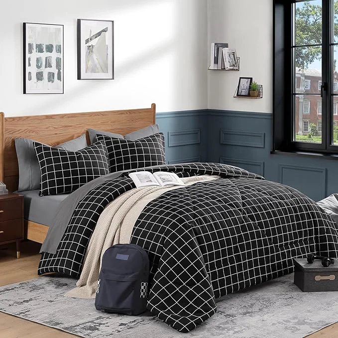 Convenient Andency Black Grid Comforter Set King Size 104×90 Inch 3 Pieces 1 Grid Comforter and 2 Pillowcases Summer Lightweight Microfiber Down Black Comforter with White Lines Healthy