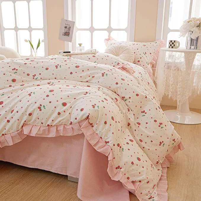 Unique HighBuy Queen Comforter Set Strawberry Print Bedding Comforter Ruffled Lace Bedding Set Fluffy Fruit Comforters Pink Stripes Comforter Sets 1 Soft Romantic Ruffle Comforter with 2 Pillowcases Recyclable