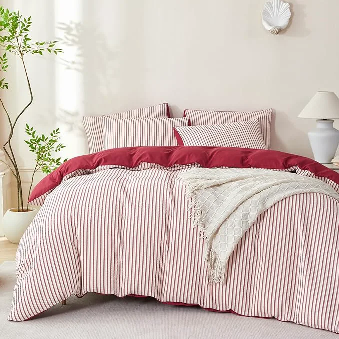 Lightweight Striped Comforter Queen Brick Red Soft Luxury Washed Microfiber Jacquard 3 Pieces Bedding White Brick Red Vertical Ticking Stripes Pattern Comforter with 2 Pillowcases Breathable Durable Comfy Verified