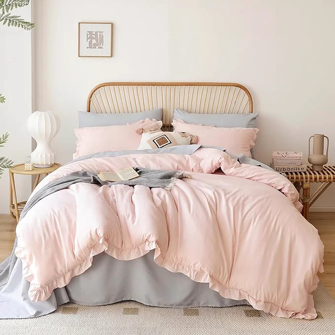 Practical JANZAA Soft Fluffy Comforter Set 3PCS 1 Ruffled Blush Comforter Set and 2 Pillowcases Vintage Shabby Chic Bedding All Season Blush Pink Queen High-End
