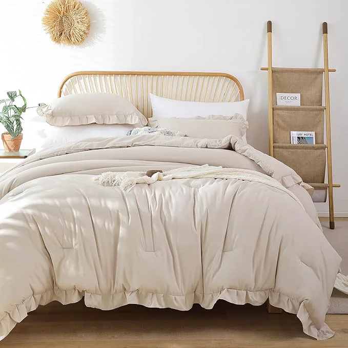 Unique JANZAA Twin Comforter Set Beige Ruffle Comforter with 1 Pillowcase Soft Twin Size Bed Set Vintage Farmhouse Bed Comforter Set Fluffy Shabby Chic Bedding for All Season Premium