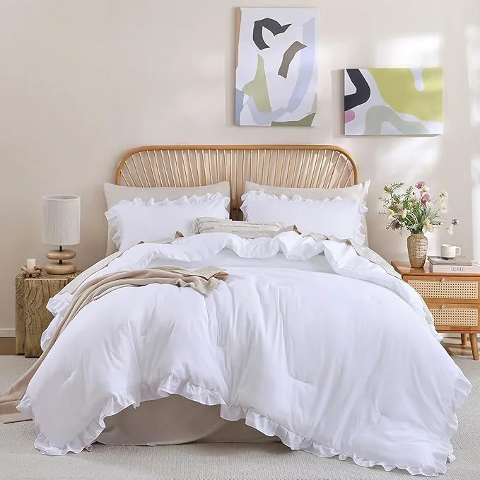 Artisan JANZAA Queen Comforter Set White Comforter 3PCS 1 Ruffle Comforter and 2 Pillowcases Vintage Farmhouse Shabby Chic Bedding Soft Fluffy Bed Set Queen All Season Advanced
