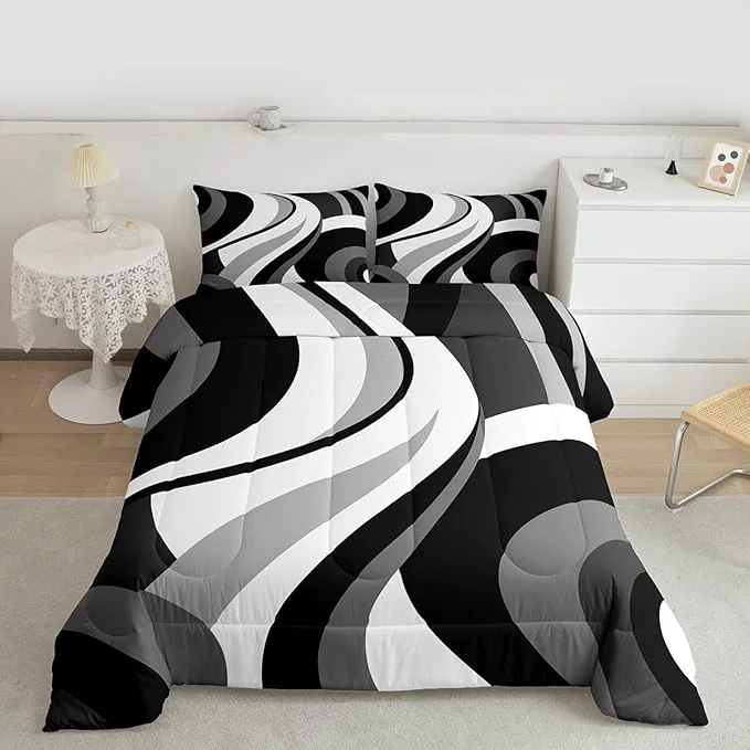 Easy-to-Use Gray Black White Spiral Queen Comforter Set for Adult Women Men Modern Swirls Stripes Abstract Bedding Set for Minimalists Boho Aesthetic Geometric Bed Sets Graffiti Art Lines Quilt Sets Pure
