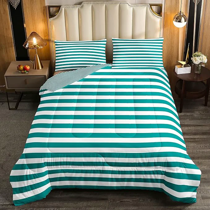 Secure Stripe Comforter Set Turquoise Bedding Set Green White Striped Down Comforter King Ticking Stripes Geometric Lines Reversible Farmhouse Horizontal Stripes Lightweight Soft Quilt Duvet Insert Elegant