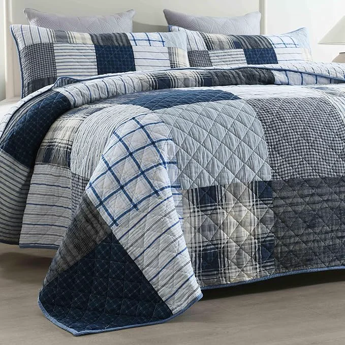Next-Generation DURLENGEN Blue amp Grey Patchwork Cotton King Quilt 3Pcs Patchwork Blue amp Grey Pattern on White Luxury Lightweight Coverlet Sets for All Season King 106×96 Blue amp Grey Patchwork Fine