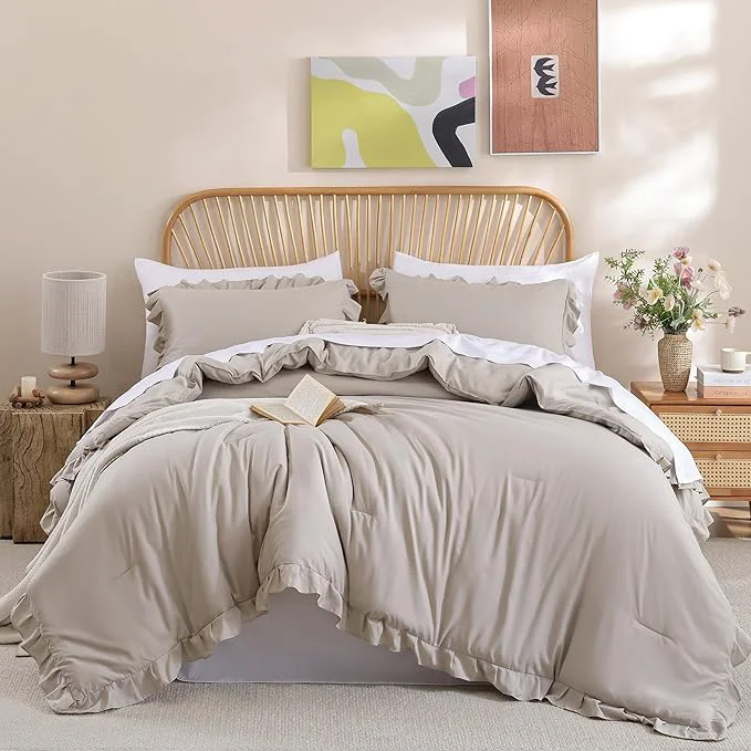 Expertly Made JANZAA Queen Comforter Set Oatmeal Comforter for Queen Size Bed 3PCS 1 Ruffle Comforter and 2 Pillowcases Vintage Shabby Chic Bedding Soft Fluffy Comforter Set All Season Prestigious