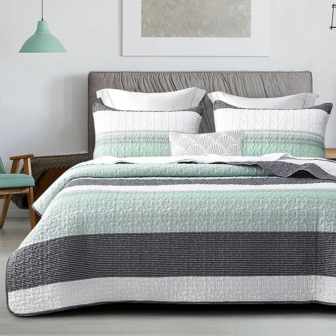 Sustainable DURLENGEN Quilt Set Queen Size 3Pcs Soft Microfiber Lightweight Bedspread White amp Green Striped Geometric Pattern Coverlet for All Season Layering Queen 90×96 Mint Green Traditional