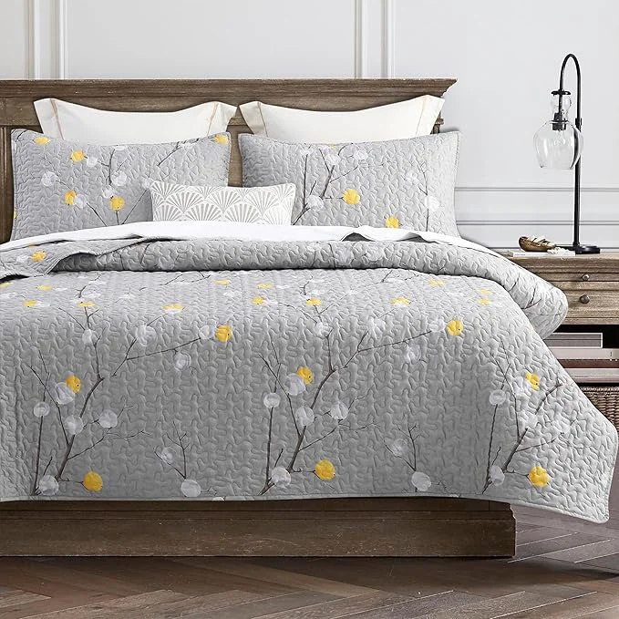 Original Design DURLENGEN Quilt Set Queen Size 3Pcs Grey Branch with Yellow Turquoise Polka Dot Pattern Soft Microfiber Lightweight Bedspread for All Season Layering Queen 90×96 Botanical Grey Sustainable