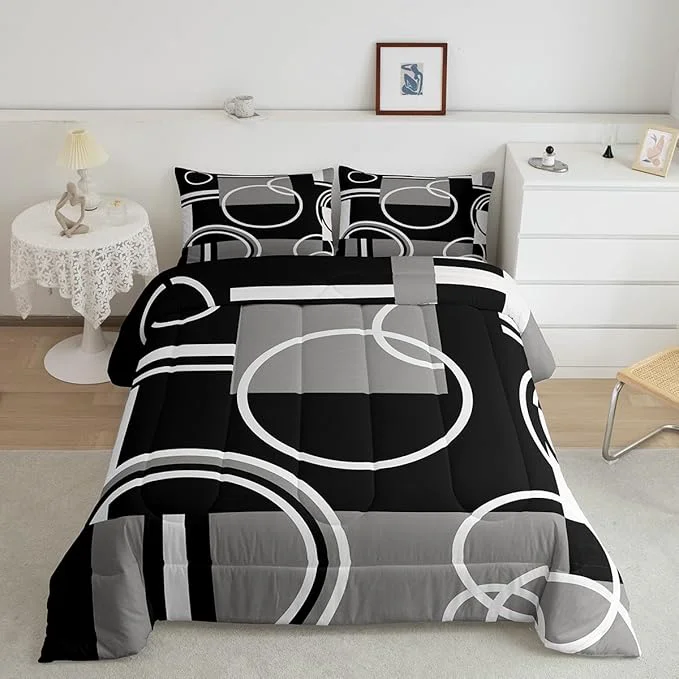 Environmentally Friendly Erosebridal Modern Grey Black Striped Comforter Set Geometric Down Comforter King Size Retro Circle Swirls Bedding Set Bedroom Decor Abstract Texture Color Art Comforter for Kids Adult Efficient