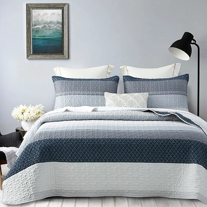 DURLENGEN Quilt Set California King Size 3Pcs Soft Microfiber Lightweight Bedspread Blue amp Navy Striped Geometric Pattern Coverlet for All Season Layering Cal King 112×104 Blue Patchwork Organic